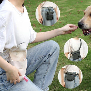 Owner wearing the Trainer treat pouch on a walk