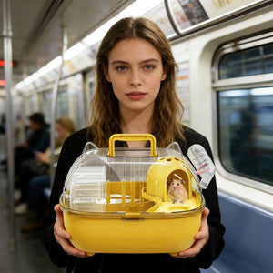 Travel Carrier «Roam» — hamster inside the carrier behind the clear cover