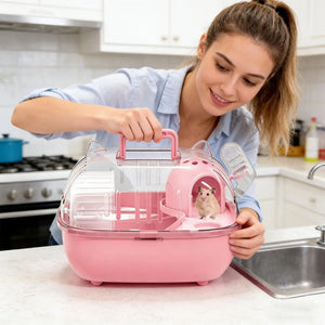 Owner and hamster with the Roam travel carrier at home