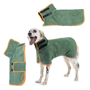 Drying Robe «Fluff» in light grey — microfibre dog bathrobe seen from the side