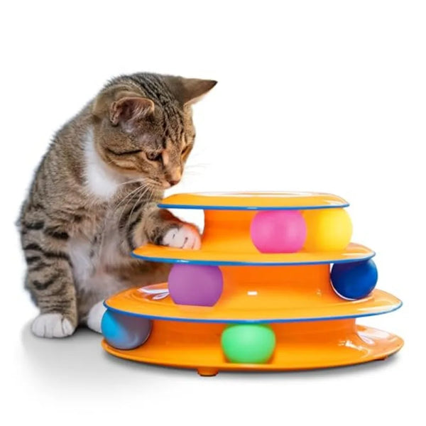 Cat playing with the Whirl 3-level track tower